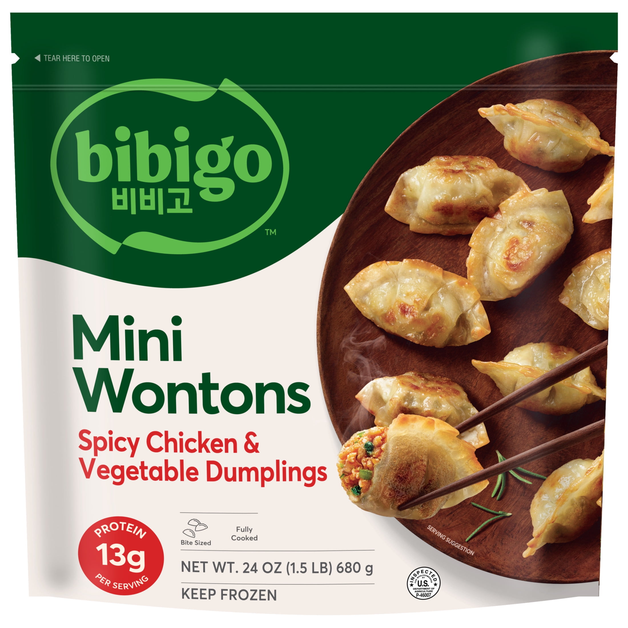 Bibigo Frozen Mini Wontons Spicy Chicken & Vegetable Dumplings, 24.0 oz