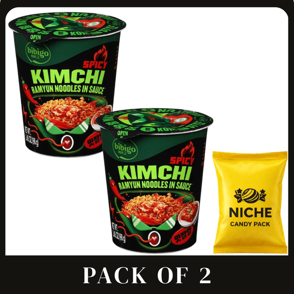 Bibigo Spicy Kimchi Korean-Style Sauced Instant Ramyun Noodles - 3.45oz-2 pack-with candy pack