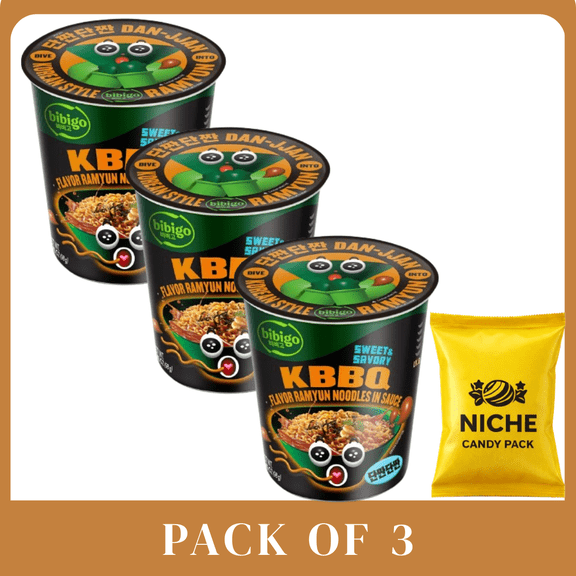 Bibigo Sweet and Savory KBBQ Korean-Style Sauced Instant Ramyun Noodles - 3.45oz-3 pack-with candy pack
