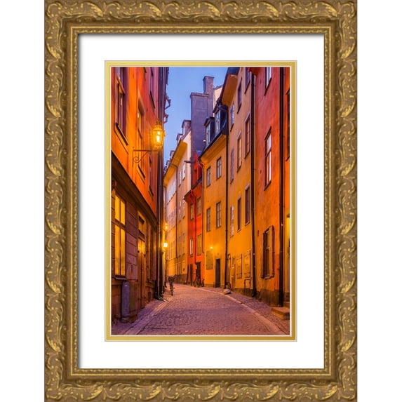 Bibikow, Walter 13x18 Gold Ornate Wood Framed with Double Matting Museum Art Print Titled - Sweden-Stockholm-Gamla Stan-Old Town-Royal Palace-old town street-dusk