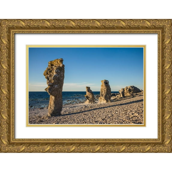 Bibikow, Walter 14x11 Gold Ornate Wood Framed with Double Matting Museum Art Print Titled - Sweden-Faro Island-Langhammars Area-Langhammar coastal limestone rauk rock-sunset