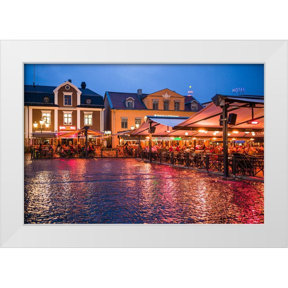 Bibikow, Walter 14x11 White Modern Wood Framed Museum Art Print Titled - Sweden-Linkoping-cafes and bars on Stora target square-dusk