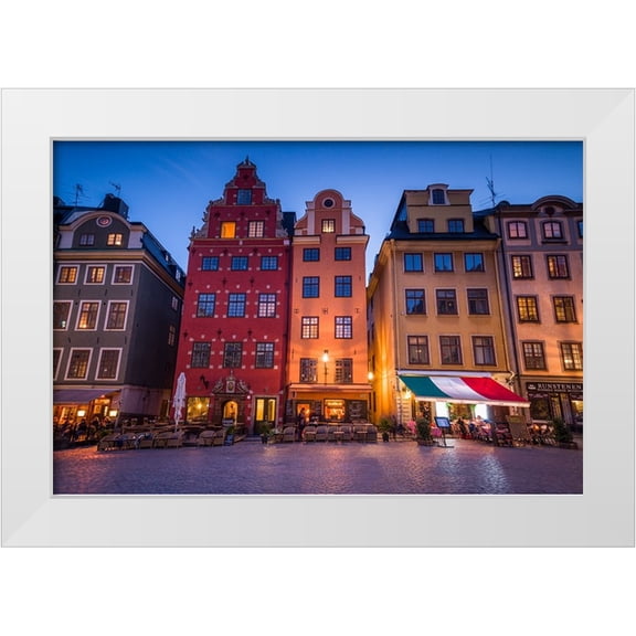 Bibikow, Walter 14x11 White Modern Wood Framed Museum Art Print Titled - Sweden-Stockholm-Gamla Stan-Old Town-buildings of the Stortorget Square-dusk