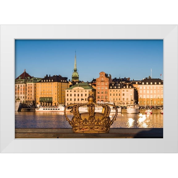 Bibikow, Walter 14x11 White Modern Wood Framed Museum Art Print Titled - Sweden-Stockholm-Gamla Stan-Old Town-old town skyline and crown on the Skeppsholmsbron bridge