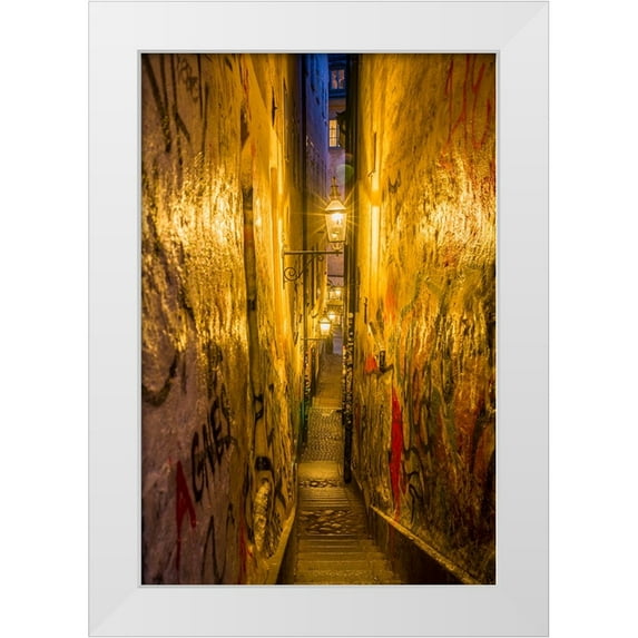 Bibikow, Walter 17x24 White Modern Wood Framed Museum Art Print Titled - Sweden-Stockholm-Gamla Stan-Old Town-Marten Trotzigs Grand-narrowest street in Stockholm-evening