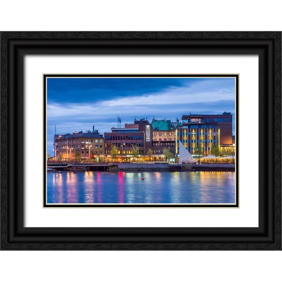 Bibikow, Walter 18x13 Black Ornate Wood Framed with Double Matting Museum Art Print Titled - Sweden-Lake Vattern Area-Jonkoping-renovated harbor area along Munksjon Bay-dusk