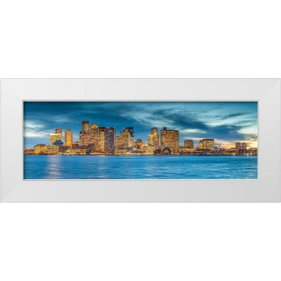 Bibikow, Walter 24x11 White Modern Wood Framed Museum Art Print Titled - New England-Massachusetts-Boston-city skyline from Boston Harbor-dusk