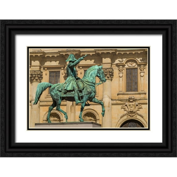 Bibikow, Walter 24x17 Black Ornate Wood Framed with Double Matting Museum Art Print Titled - Sweden-Stockholm-Gamla Stan-Old Town-Royal Palace-statue of King Carl Johan XIV