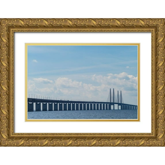 Bibikow, Walter 24x17 Gold Ornate Wood Framed with Double Matting Museum Art Print Titled - Sweden-Scania-Malmo-Oresund Bridge-longest cable-tied bridge in Europe-linking Sweden and Denmark