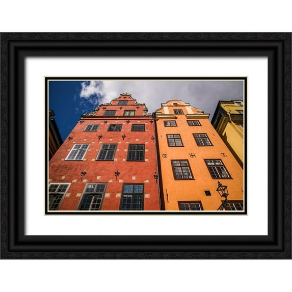 Bibikow, Walter 32x23 Black Ornate Wood Framed with Double Matting Museum Art Print Titled - Sweden-Stockholm-Gamla Stan-Old Town-buildings of the Stortorget Square