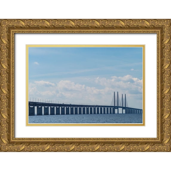 Bibikow, Walter 32x23 Gold Ornate Wood Framed with Double Matting Museum Art Print Titled - Sweden-Scania-Malmo-Oresund Bridge-longest cable-tied bridge in Europe-linking Sweden and Denmark
