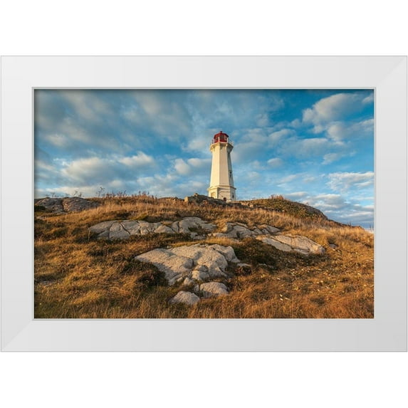 Bibikow, Walter 32x23 White Modern Wood Framed Museum Art Print Titled - Canada-Nova Scotia-Louisbourg-Louisbourg Lighthouse-dusk