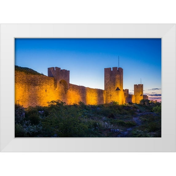 Bibikow, Walter 32x23 White Modern Wood Framed Museum Art Print Titled - Sweden-Gotland Island-Visby-12th century city wall-most complete medieval city wall in Europe-dusk