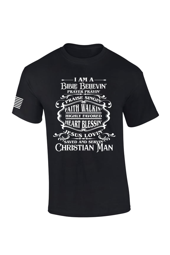 I'm A Bible Believing Prayer Praying Saved Serving Christian Man Whiskey Logo Parody Mens Christian Tshirt Cross Short Sleeve T-shirt Graphic Tee-Black-large