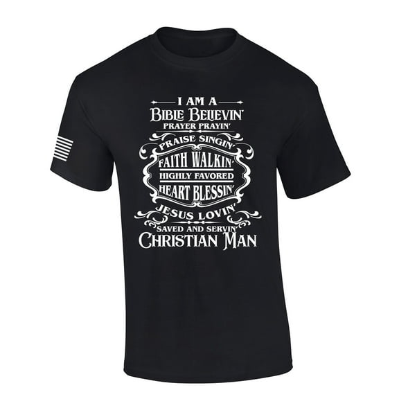 I'm A Bible Believing Prayer Praying Saved Serving Christian Man Whiskey Logo Parody Mens Christian Tshirt Cross Short Sleeve T-shirt Graphic Tee-Black-xl