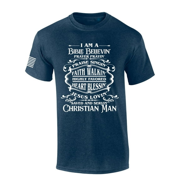 I'm A Bible Believing Prayer Praying Saved Serving Christian Man Whiskey Logo Parody Mens Christian Tshirt Cross Short Sleeve T-shirt Graphic Tee-Heather Navy-xxxl