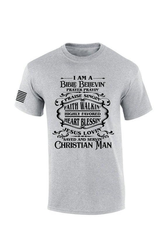 I'm A Bible Believing Prayer Praying Saved Serving Christian Man Whiskey Logo Parody Mens Christian Tshirt Cross Short Sleeve T-shirt Graphic Tee-Sports Grey-large