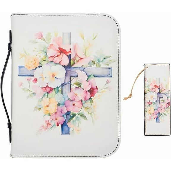 Bible Cases Fit 10.2 x 7.4 x 1.5In with PU Bookmark Book Cover White Books Sleeve Flower Travelbook Protector Zippered Protective Case Detachable Wristlet Strap Covers Gifts for Friend