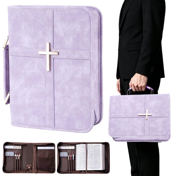 Bible Cover Carrying Case, PU Leather Book Bag With Handle & Shoulder Strap, Cross Large Carrying Bag Holder, Large Book Protector With Pockets, Multi-Pocket Prayer Book Cover For Church Study,Violet