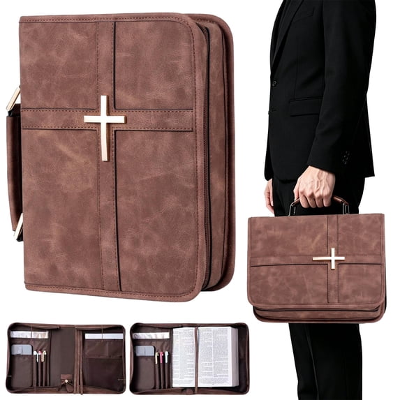 Bible Cover Carrying Case, PU Leather Book Bag With Handle & Shoulder Strap, Cross Large Carrying Bag Holder, Large Book Protector With Pockets, Multi-Pocket Prayer Book Cover For Church Study,Brown