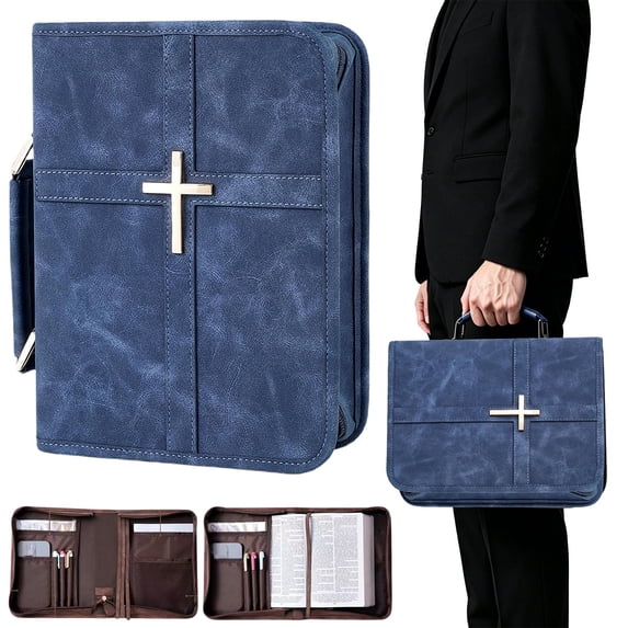 Bible Cover Carrying Case, PU Leather Book Bag With Handle & Shoulder Strap, Cross Large Carrying Bag Holder, Large Book Protector With Pockets, Multi-Pocket Prayer Book Cover For Church Study,Navy