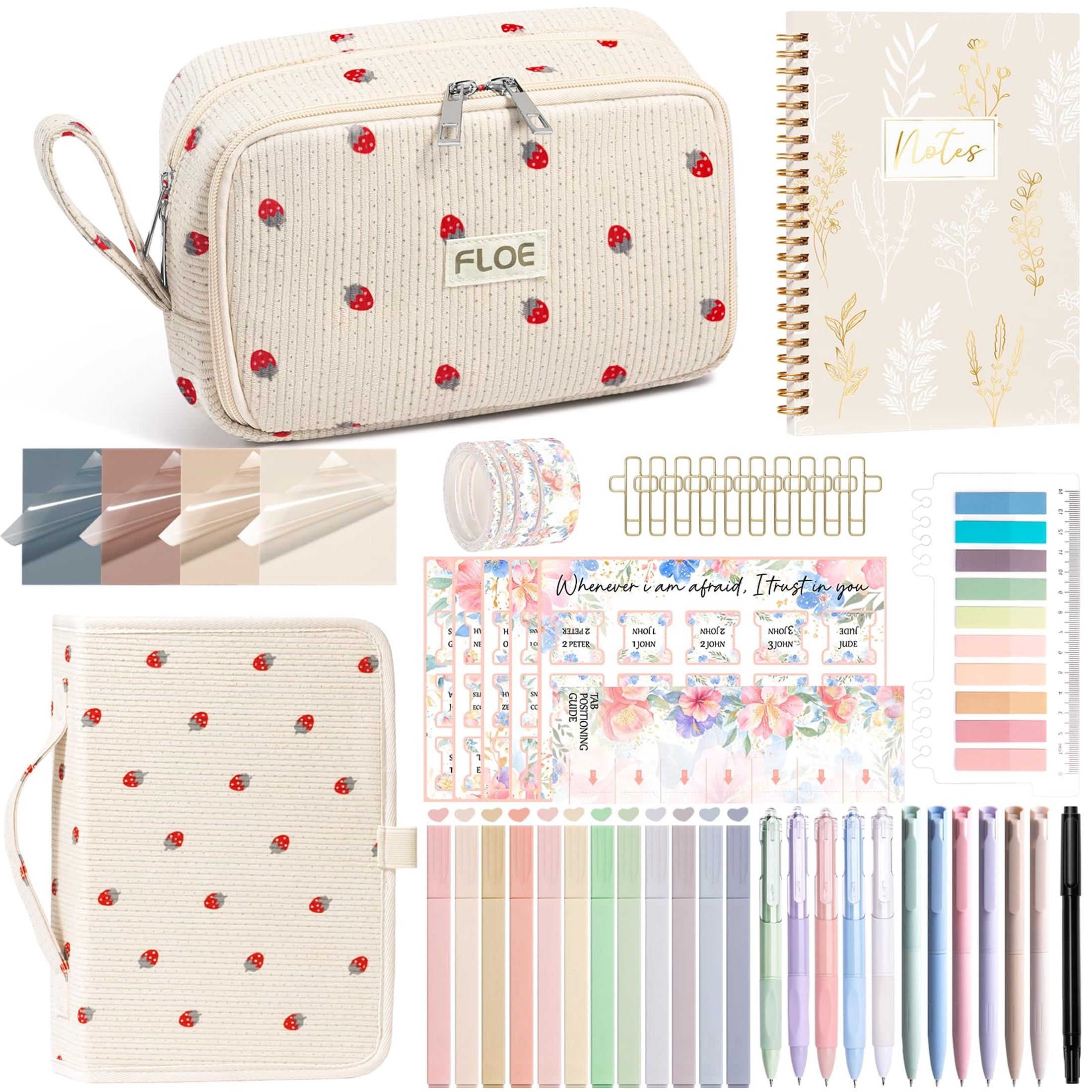 Bible Cover Case with Bible Study Supplies Journaling Kit, Bible Study Tool w/Pastel Highlighter Pen, Pencil Case Notebook Annotation Kit Accessories Set, Christian Gifts for Women (Strawberry)