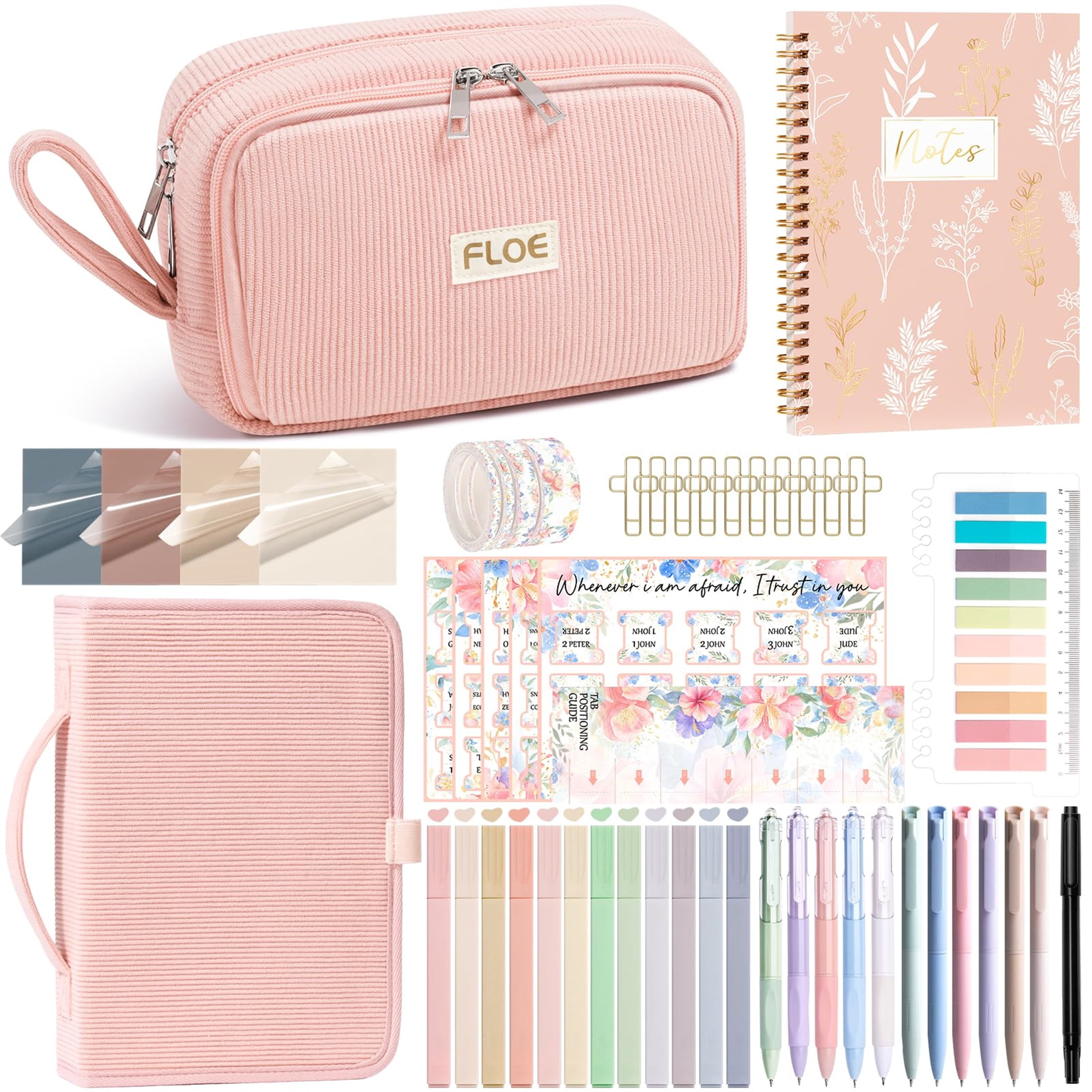 Bible Cover Case with Bible Study Supplies Journaling Kit, Bible Study Tool w/Pastel Highlighter Pen, Pencil Case Notebook Annotation Kit Accessories Set, Christian Gifts for Women (Pink)