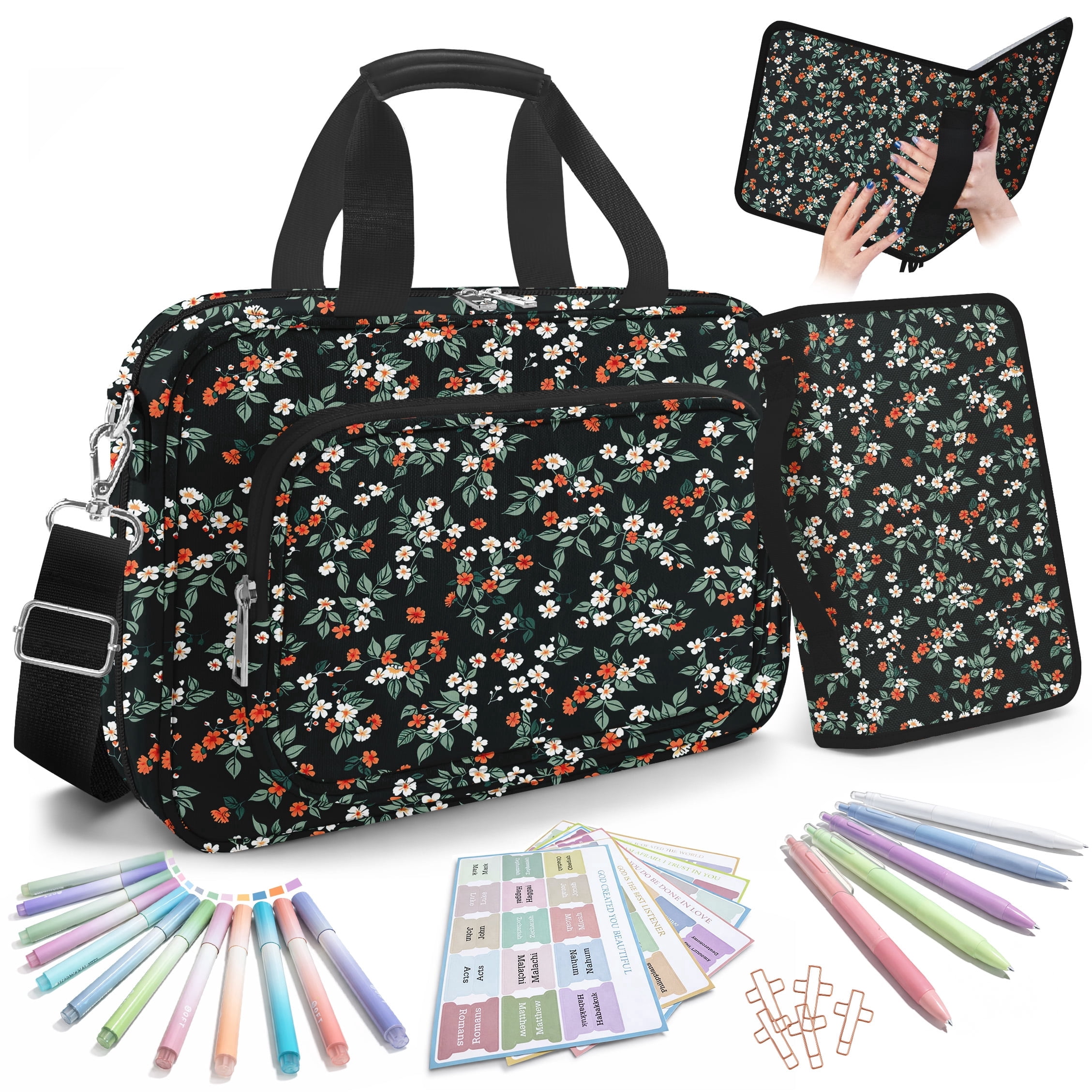 Bible Cover Case for Women with Large Bible Bag, Bible Cover with Shoulder Strap & Journaling Kit, Pens and Highlighters Cross Clips for Bible Study & Church, Christian Gift for Women