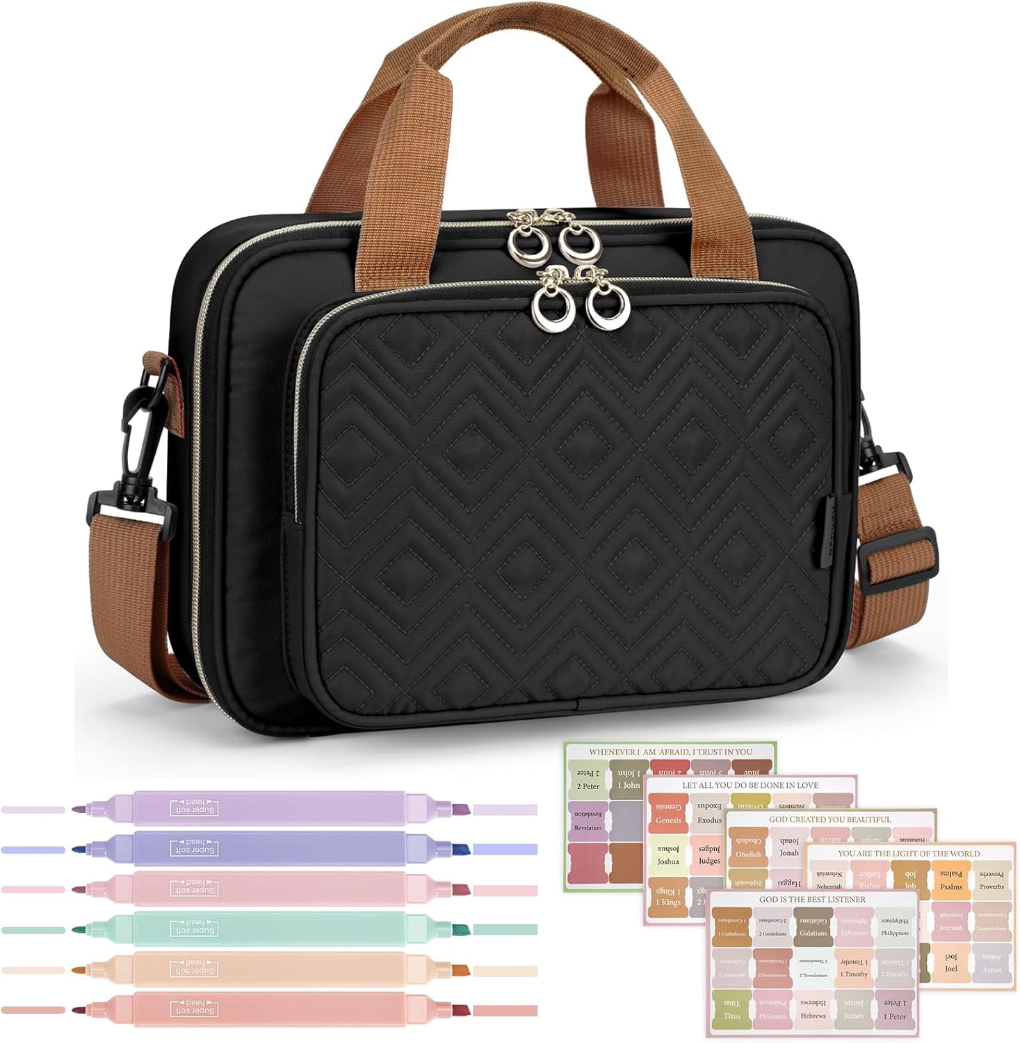 Bible Cover Case for Women, Large Bible Bag Carrying Case with Shoulder Strap, Bible Study Supplies Bible Journaling Kit Book Carrying Case with Bible Highlighters Tabs Gift for Lady (Black)
