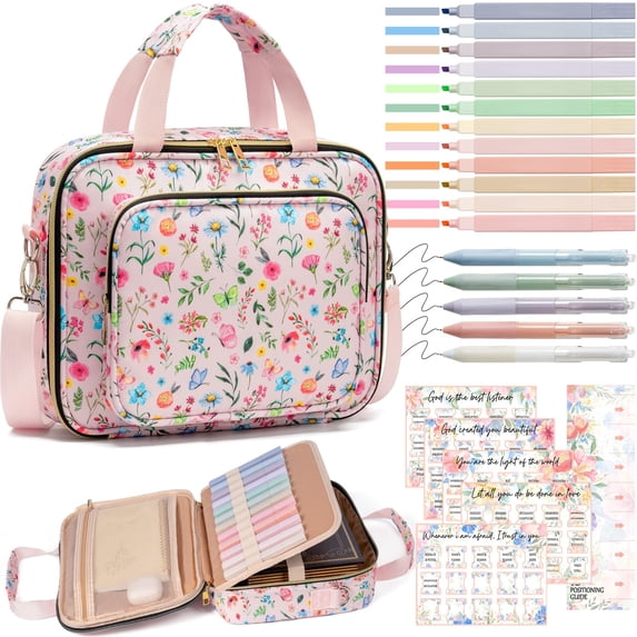 Bible Cover Case for Women, Large Bible Bag Carrying Case with Shoulder Strap, Bible Study Supplies Journaling Kit Book Carrying Case, Mothers Day Christian Gifts for Women Mom (Pink Flower)
