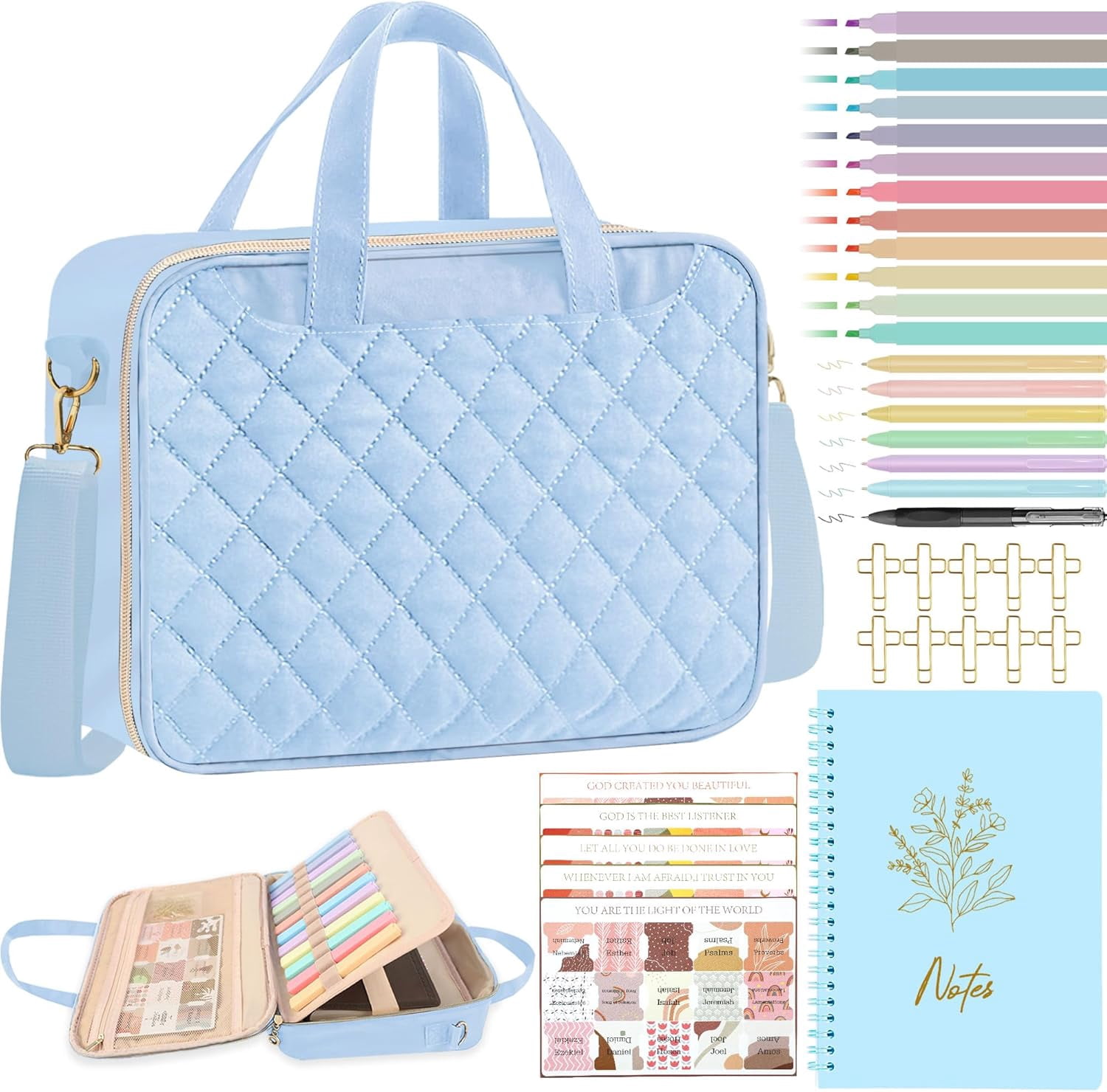 Bible Cover Case for Women, Large Bible Bag with Shoulder Strap and Handle, Bible Study Supplies Journaling Kit, Bible Highlighters and Pens No Bleed Tabs Notebook Cross Clips (Light Blue)