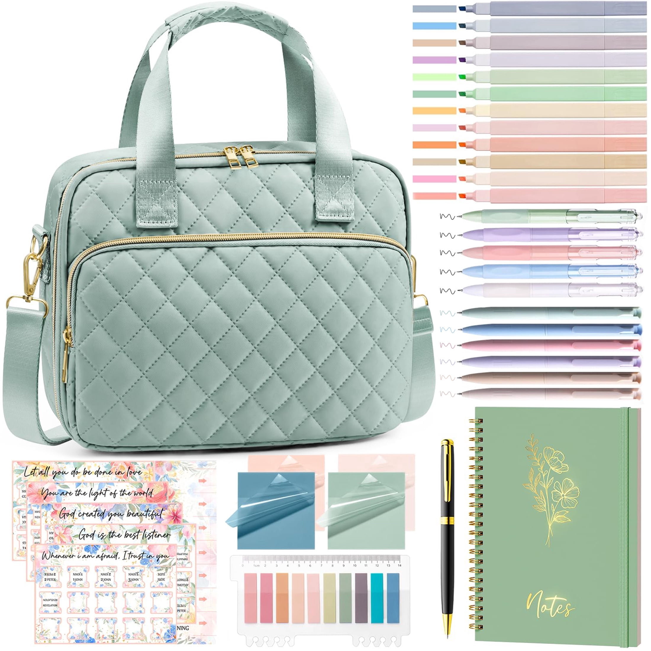 Bible Cover Case for Women, Large Bible Tote Bags Quilted Carrying Case with Shoulder Strap, Bible Study Supplies Journaling Kit, Christian Gift for Womenn (Green)