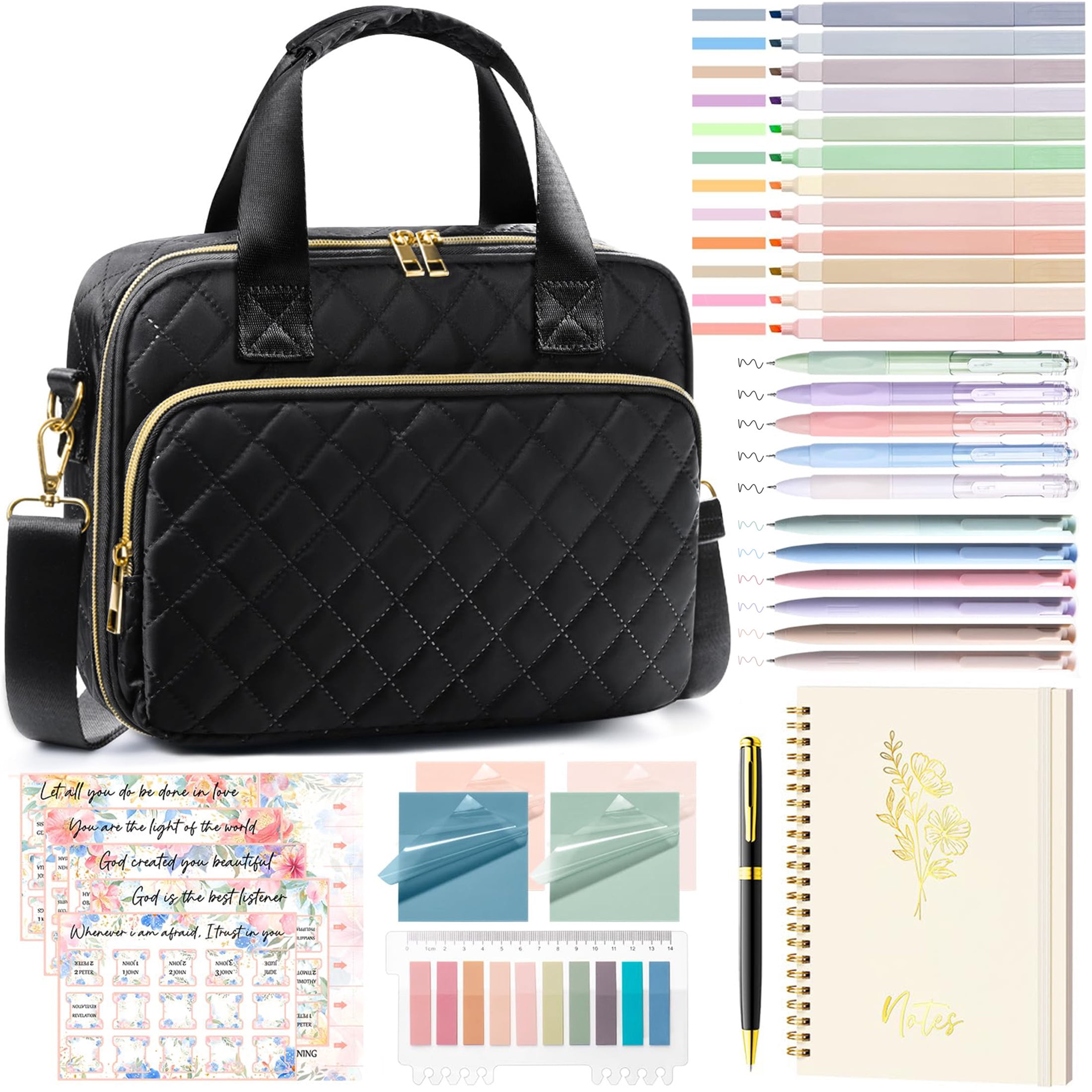 Bible Cover Case for Women, Large Bible Tote Bags Quilted Carrying Case with Shoulder Strap, Bible Study Supplies Journaling Kit, Christian Gift for Womenn (Black)