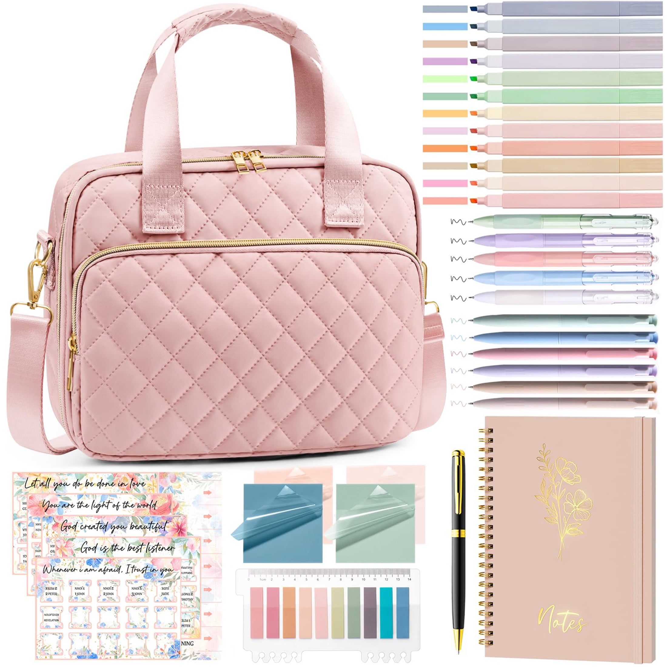 Bible Cover Case for Women, Large Bible Tote Bags Quilted Carrying Case with Shoulder Strap, Bible Study Supplies Journaling Kit, Christian Gift for Womenn (Pink)