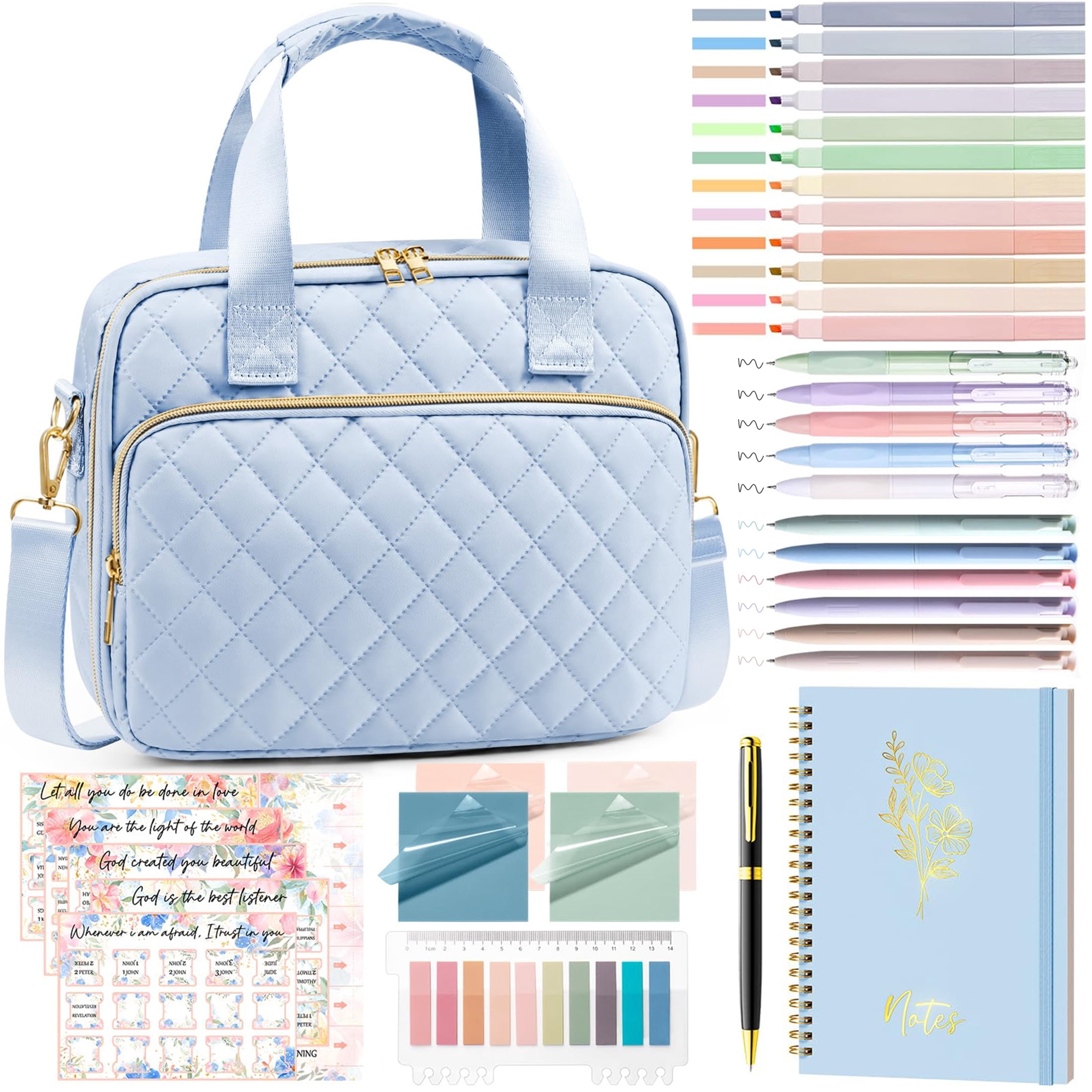Bible Cover Case for Women, Large Bible Tote Bags Quilted Carrying Case with Shoulder Strap, Bible Study Supplies Journaling Kit, Christian Gift for Womenn (Blue)