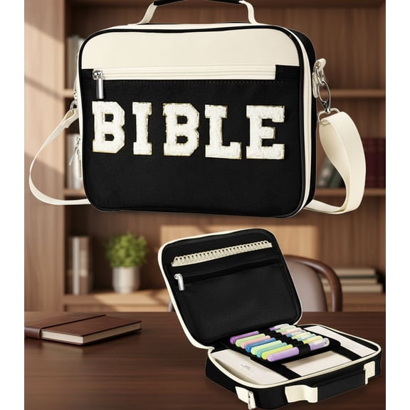 Bible Cover Case for Women, Large Chenille Letter Bible Bag with Shoulder Strap,Black Bible Carrying Tote Bags for Bible Study Accessories, Gift for Women   (Black)