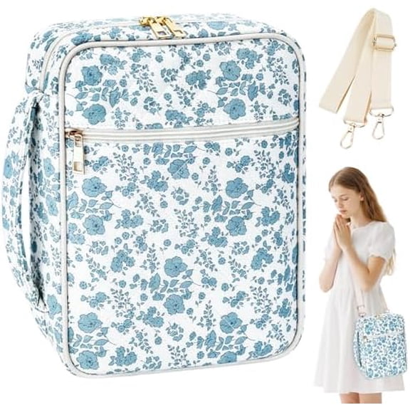 Bible Cover Case for Women - Large Quilted Bible Cases for Woman Organizer with Handle & Shoulder Strap, Bible Study Supplies Accessories Christian Gifts (Blue)