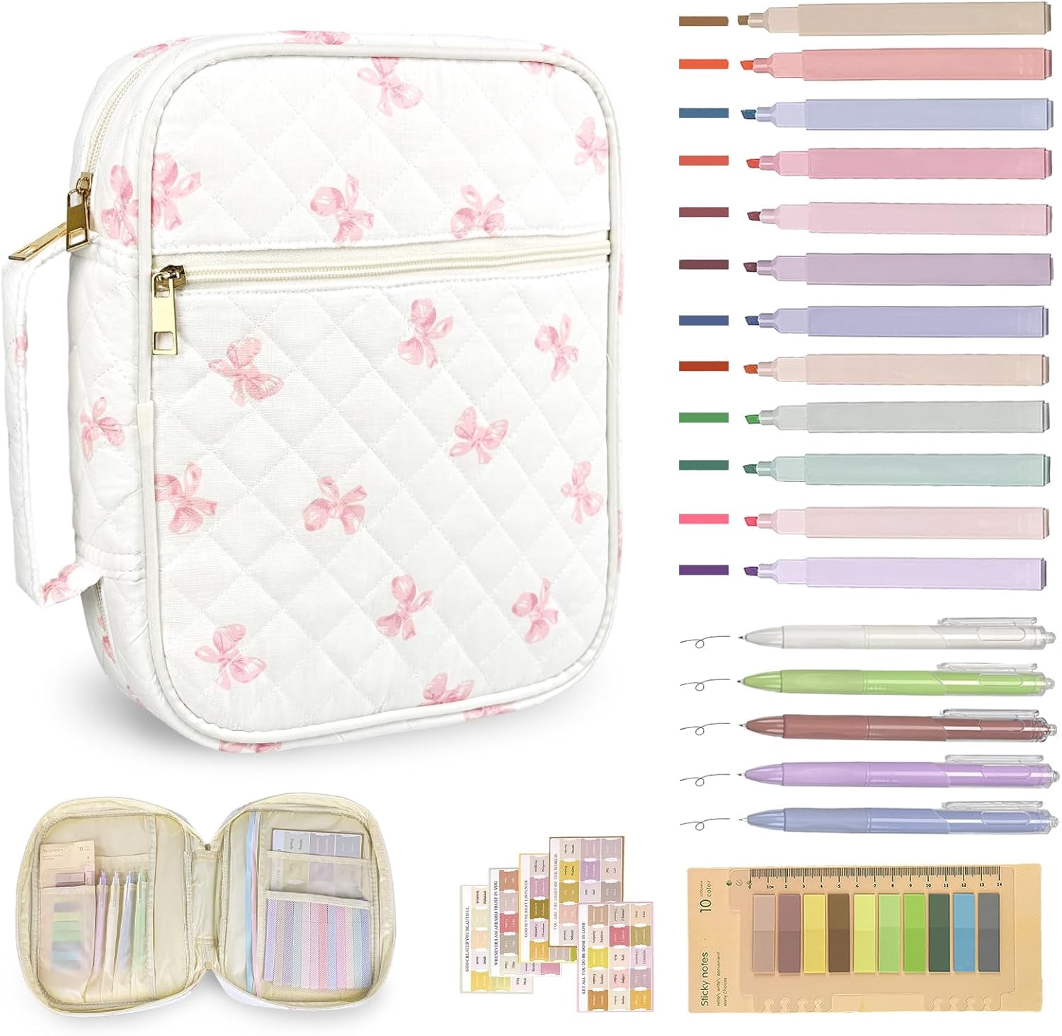 Bible Cover Case for Women,Bible Study Supplies Accessories,Bible Journaling Kit,Pink Flower Carrying Case with Highlighters - Pink Bow