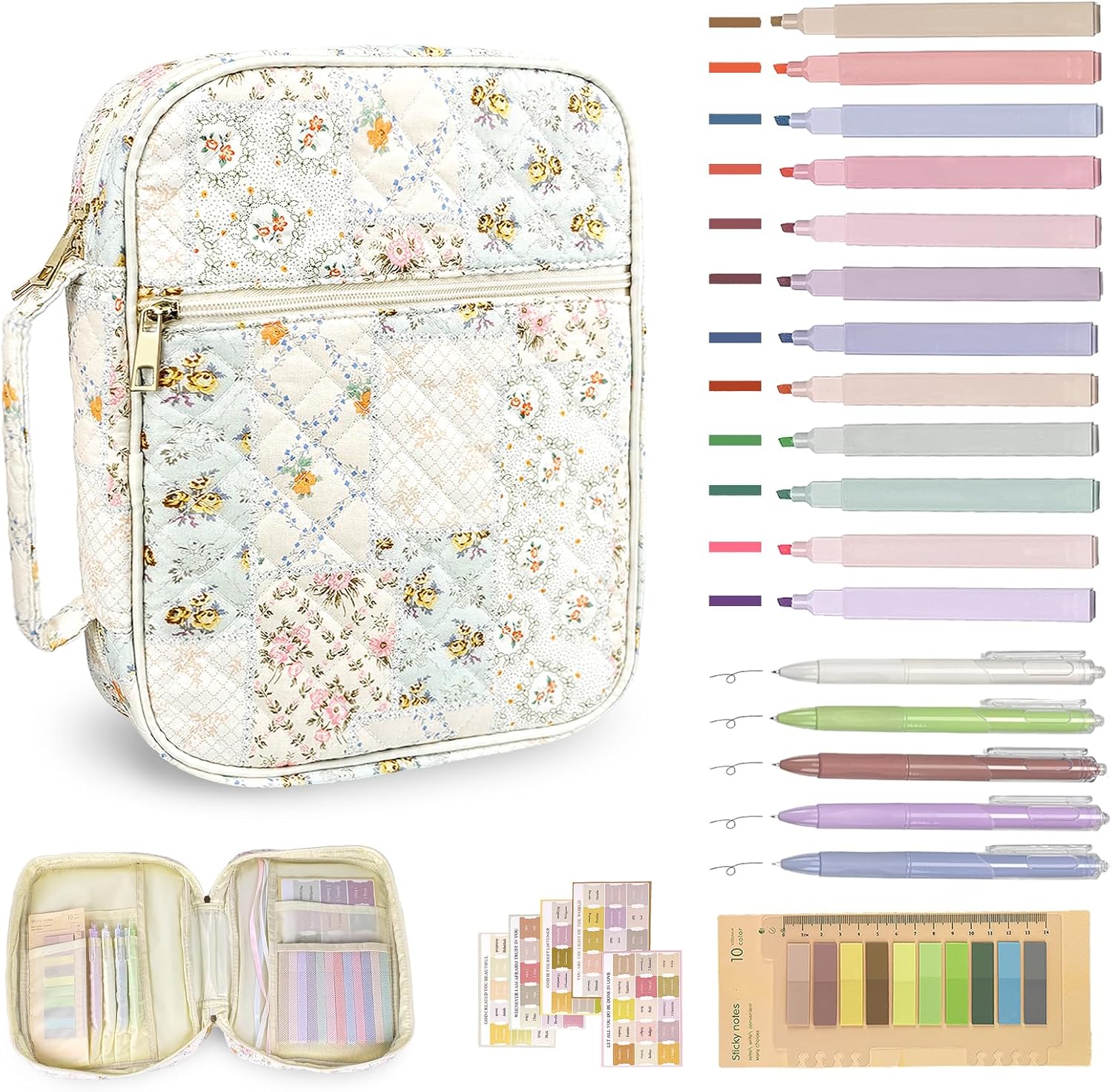 Bible Cover Case for Women,Bible Study Supplies Accessories,Bible Journaling Kit,Pink Flower Carrying Case with Highlighters - Spliced Flower