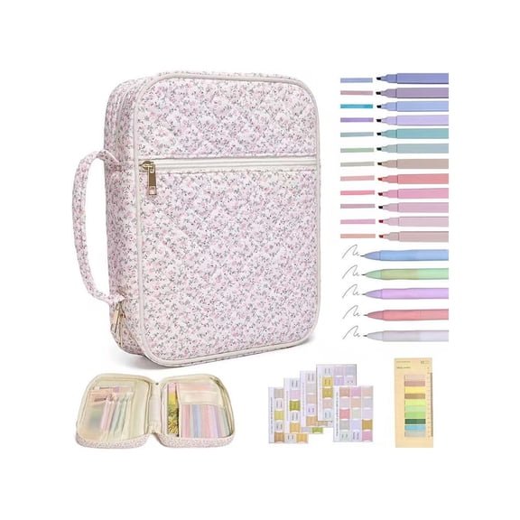 Bible Cover Case for Women, Large Quilted Bible Tote with Handle, Includes Bible Tabs & Study Supplies Organizer