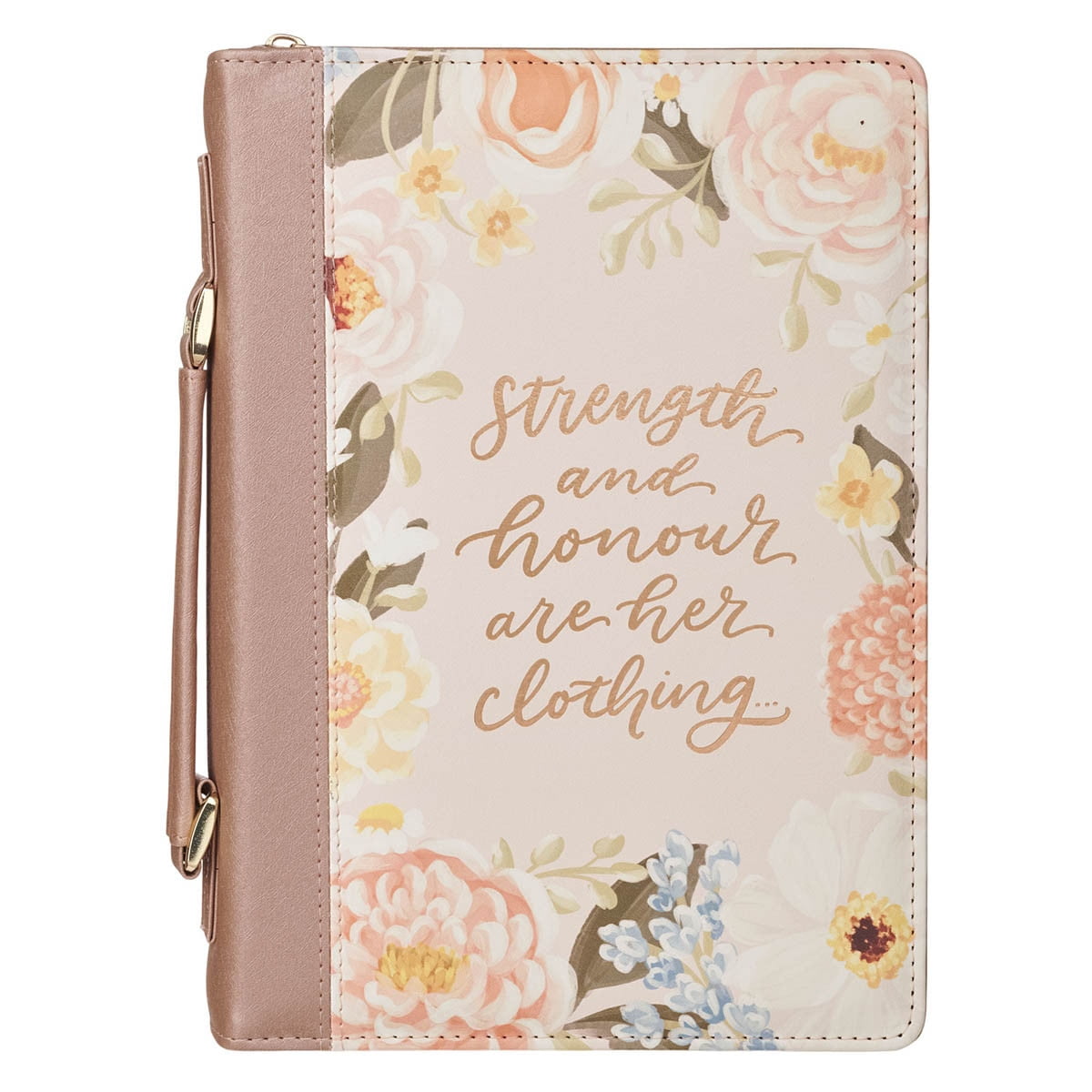 Strength and Honor Pink Floral Faux Leather Fashion Bible Cover - Proverbs 31:25 (Med)