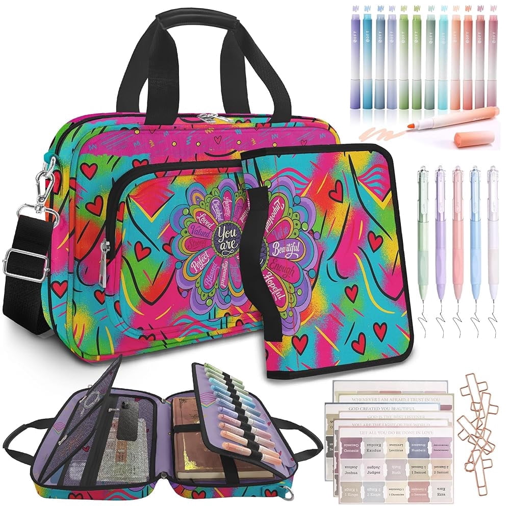 Bible Cover, Mandala Flower Large Bible Bag for Women, Bookmark Church Bag Study Supplies Journaling Kit Book Carrying Case with Bible Highlighters Shoulder Strap