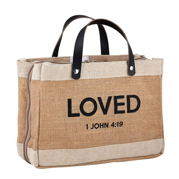 Creative Brands Faithworks Bible Covers for Women - Mini Market Tote Style Jute Cover with Zippered Closure Leather Handles, 11 x 8, Loved