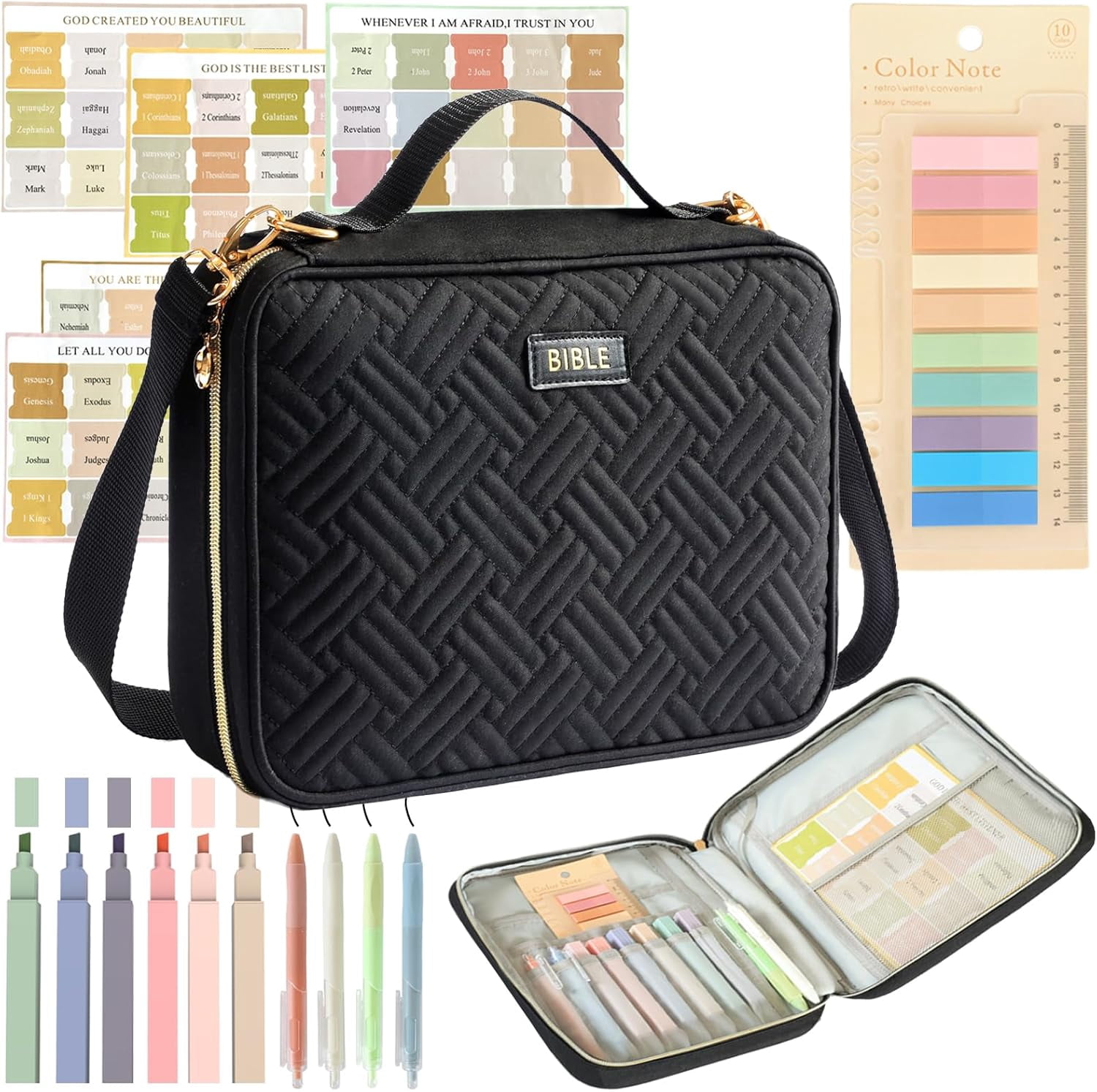 Bible Cover for Women Bible Case, Large Bible Bag, Bible Study Supplies Bible Journaling Kit Book Carrying Case with Bible Highlighters Tabs, Valentines Day Christian Gifts for Women(Black)