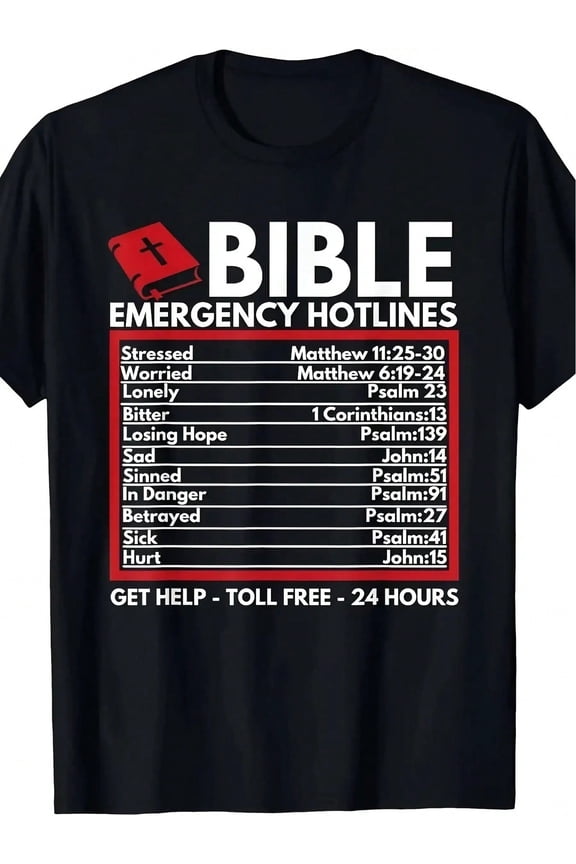 Bible Emergency Hotlines Funny Christian Jesus Men's T-Shirt, Black with White & Red 24-Hour Support Text, Casual Crew Neck Comfort Fit Tee, Playful Bible Graphic Apparel for Summer Daily Casual Occa
