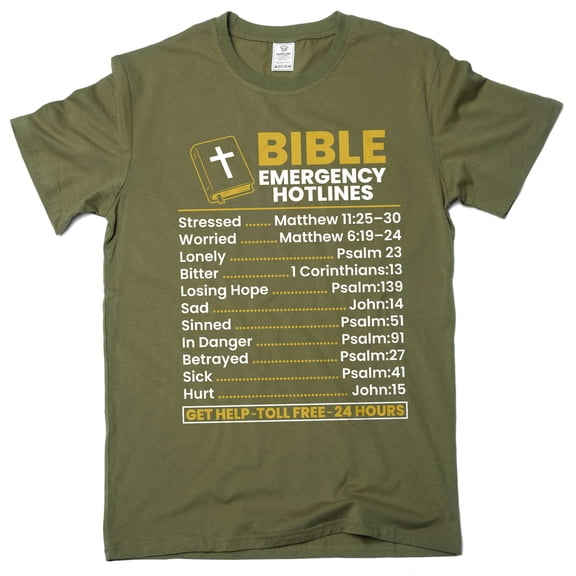 Bible Emergency Hotlines T-shirt bible verse Christian Jesus Christ motivational god tee shirt (Large Military Green)