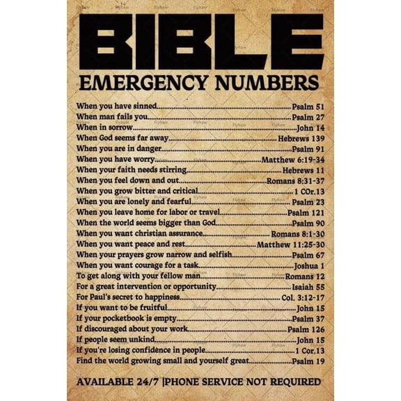 Bible Emergency Numbers Christian Wall Decor Metal Tin Sign Bible Inspirational Wall Art Tin Poster Christian Gift Bible Posters For Living Room Decor Office Decor Church or Room 8x12 Inch