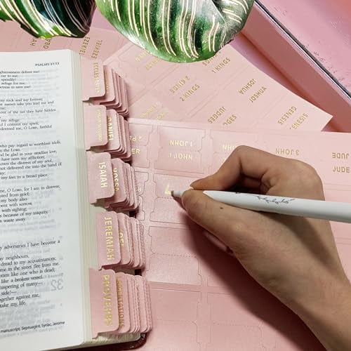 Bible Index Tabs for Women - 80 Large Gold Foil Laminated Leather Paper Bible Study Journaling Supplies, 66 Old New Testament + 14 Blank Self-Stick Tabs Easy Navigation & Organization (Pink)