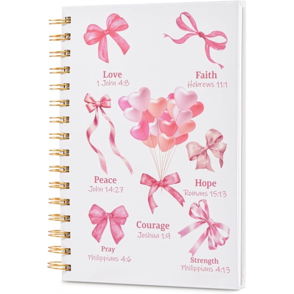 Bible Journal Notebook For Women And Teens With Hardcover Spiral Binding 5.7x8.3 Inch 160 Pages Pink Bow Design