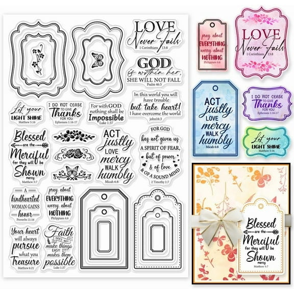 Bible Label Pattern Clear Stamps for Card Making Floral Frame Clear Silicone Stamp 21x14.8cm Blessing Words Silicone Clear Stamps Seal for DIY Scrapbooking Journal Album Craft Colorful